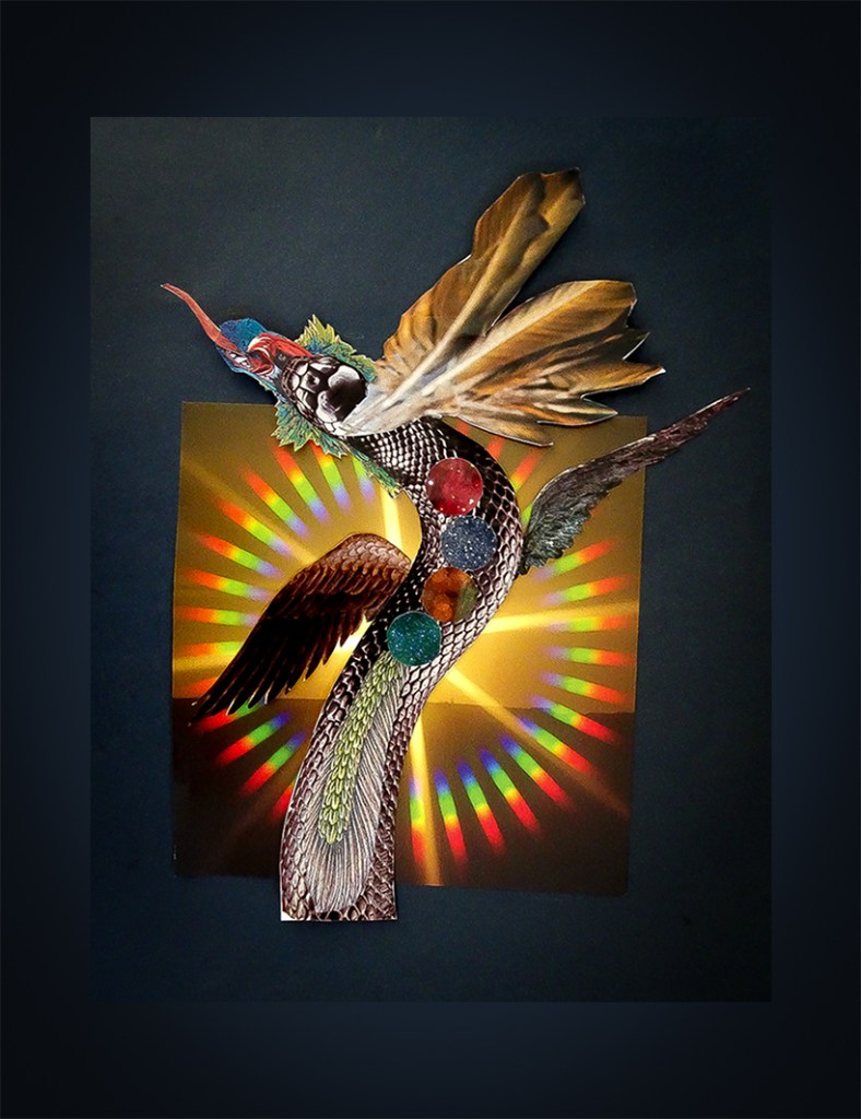 A vibrant and imaginative artwork featuring a colorful bird with feathers and sparkling gems, set against a radiant rainbow background.