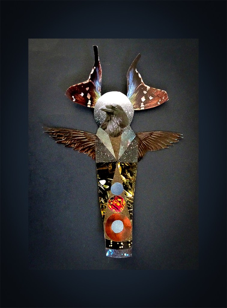 A mixed media artwork featuring a stylized figure with a bird's head, butterfly wings, and geometric patterns in vibrant colors.