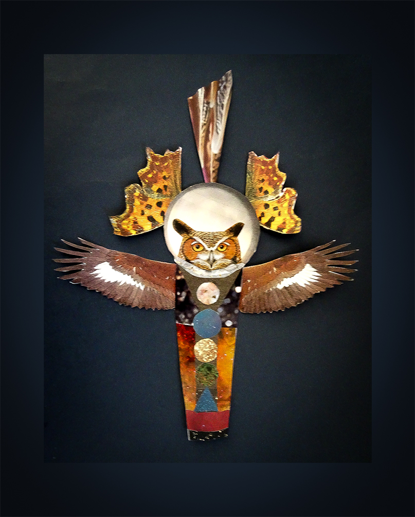 A decorative artwork featuring an owl at the center, with its wings spread wide. The design includes colorful geometric shapes and patterns integrated into the owl's body and wings, against a dark background.