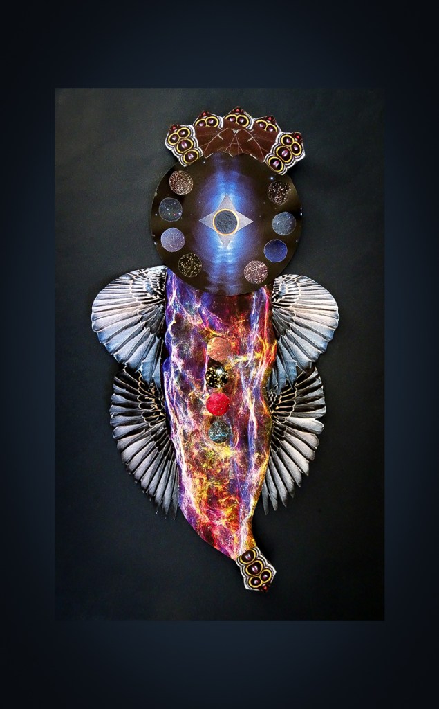 An artistic composition featuring a colorful, abstract figure with elements resembling wings and a cosmic-inspired central design, set against a dark background.