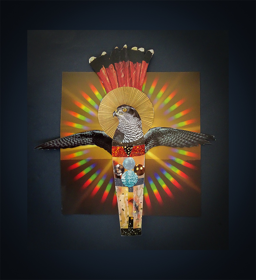 A colorful mixed media artwork featuring a bird with outstretched wings, adorned with geometric patterns and a halo effect in the background.