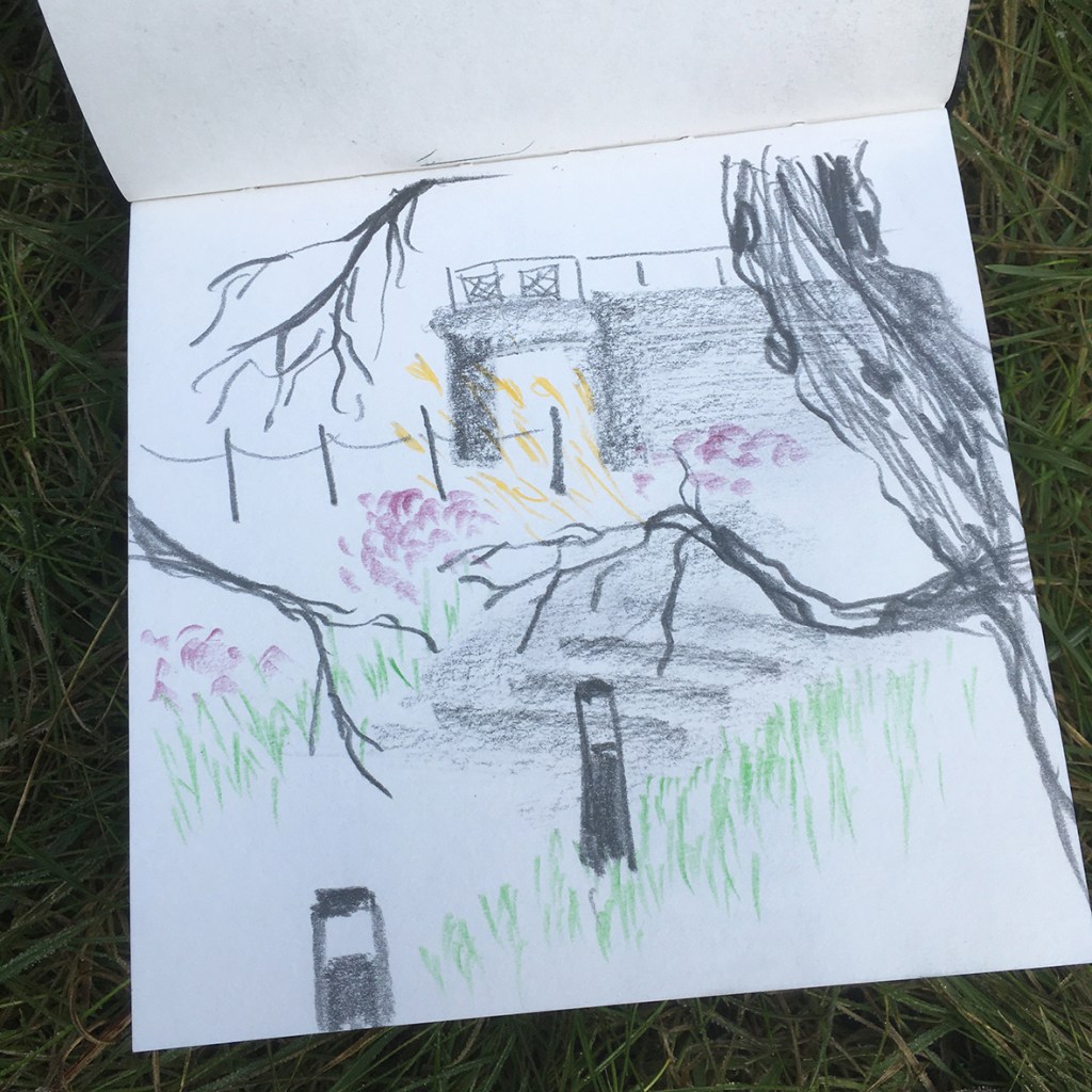 A sketch showing a landscape with barren trees, a wooden structure, and hints of colorful flowers and grass.