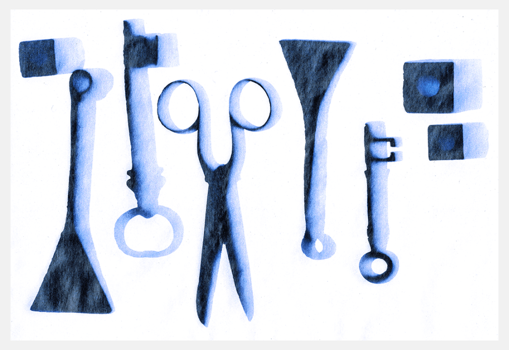 A collection of vintage tools, including large keys, scissors, and scrapers, artistically presented in blue tones on a white background.