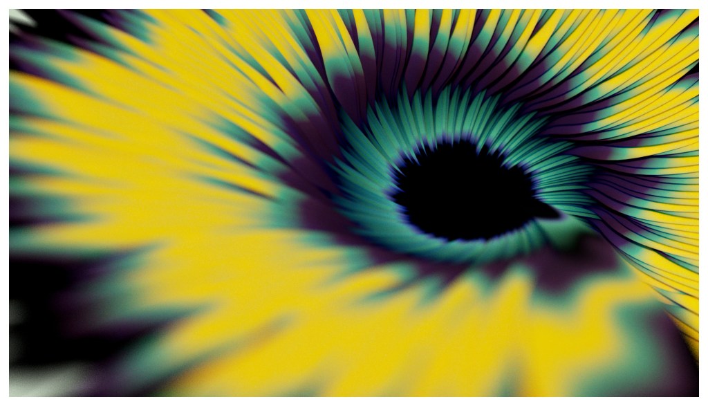 Abstract image featuring a vibrant, swirling pattern of yellow and teal colors converging towards a dark center.