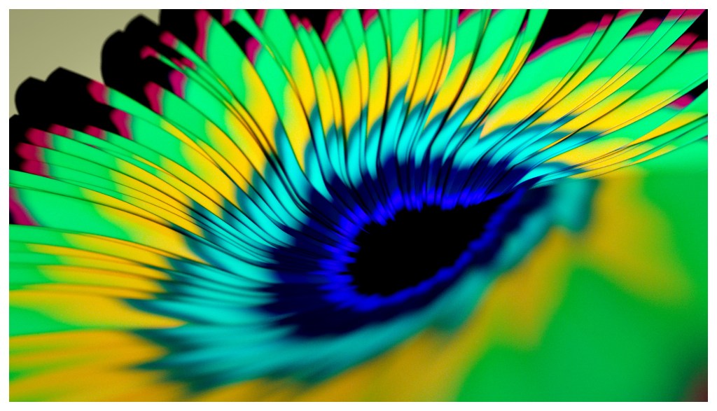 A colorful digital artwork featuring vibrant green, yellow, and blue abstract patterns resembling peacock feathers, with a dark central eye-like design.