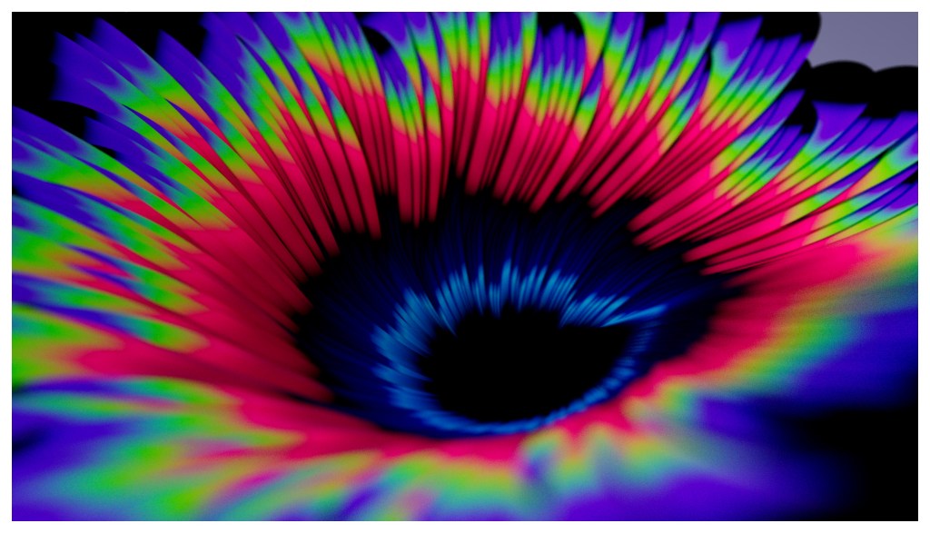 Abstract image of a colorful, swirling pattern resembling a flower with vibrant hues of pink, blue, and green.