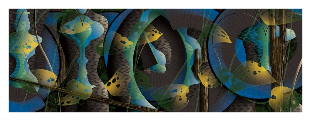 An abstract digital artwork featuring overlapping circular shapes in shades of blue, yellow, and black, combined with organic elements resembling plants and textures.