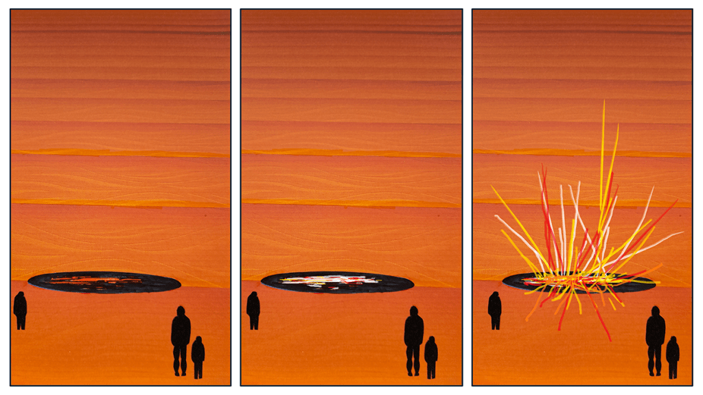 A three-panel illustration depicting a sunset scene with silhouettes of two figures in the foreground, looking towards a circular area that transitions from dark to colorful, culminating in an explosion of vibrant colors in the last panel.