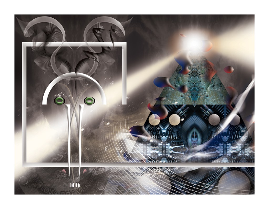 An abstract digital artwork featuring geometric shapes and dynamic patterns, with a bright light source at the top resembling a lighthouse beam, set against a dark, atmospheric background.