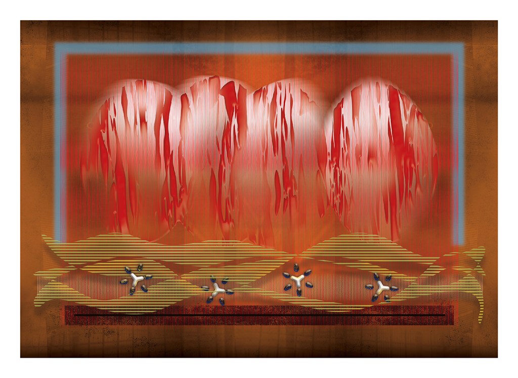 An abstract digital artwork featuring a blend of red shapes, structural lines, and floral motifs, arranged on a textured brown background.