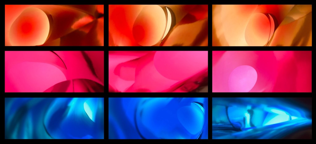 A grid of eight abstract images featuring vibrant colors including red, pink, orange, and blue, showcasing light, reflections, and shapes, inspired by the use of light in art.