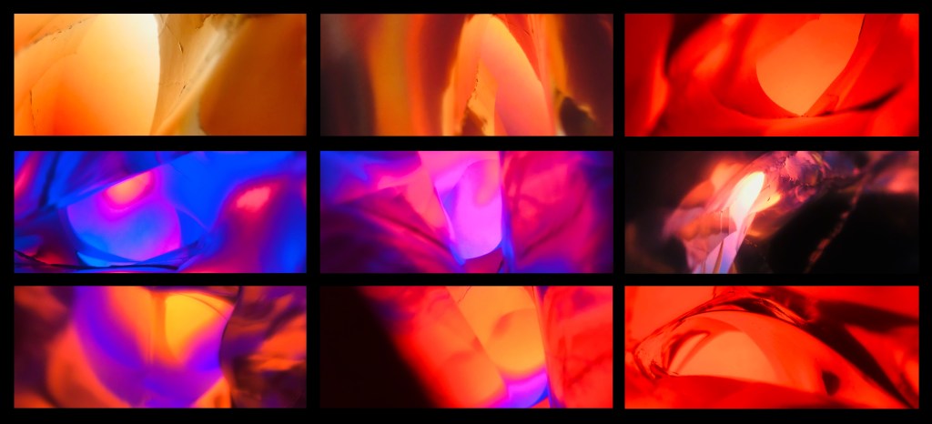 A collage of abstract images featuring vibrant flowing colors, predominantly warm oranges, blues, and reds, creating a sense of light and movement.