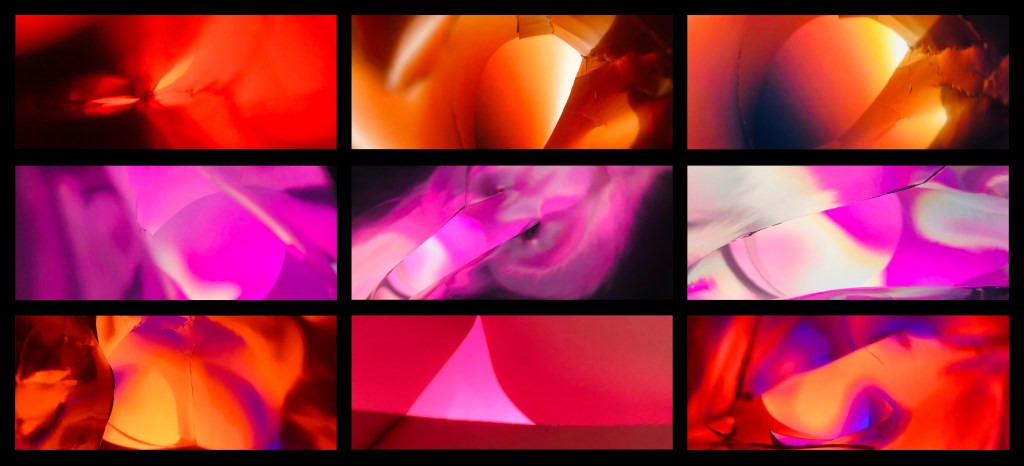 A grid of nine abstract images featuring vibrant colors and fluid shapes, showcasing light reflections and distortions.
