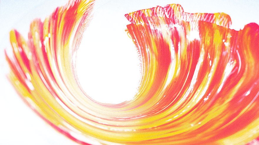 A vibrant, abstract image resembling a swirl of colorful paint in red and yellow, evoking the appearance of tulip petals against a bright background.