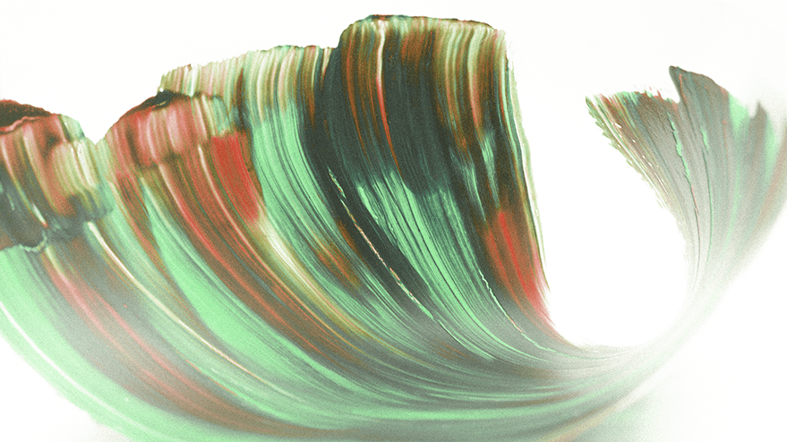 An abstract swirl of green and red paint resembling the flow of tulip petals against a white background.