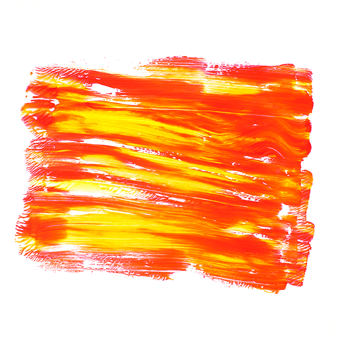 A vibrant abstract painting featuring bold, sweeping strokes of orange and yellow against a white background.