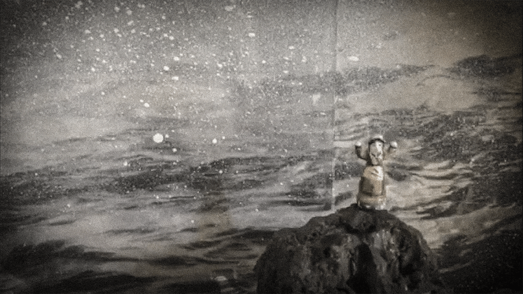 An artistic depiction of a tiny figure standing on a rock amidst turbulent waves, evoking a sense of desperation and isolation.