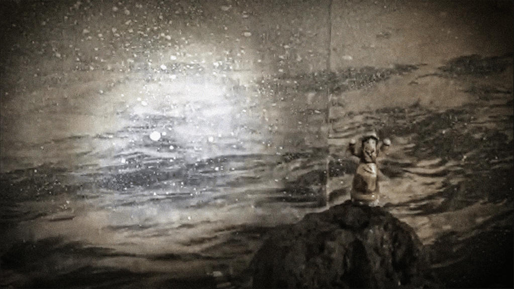 A figurine stands atop a rocky outcrop with turbulent waves and a stormy sea in the background, illuminated by the light from a distant lighthouse.