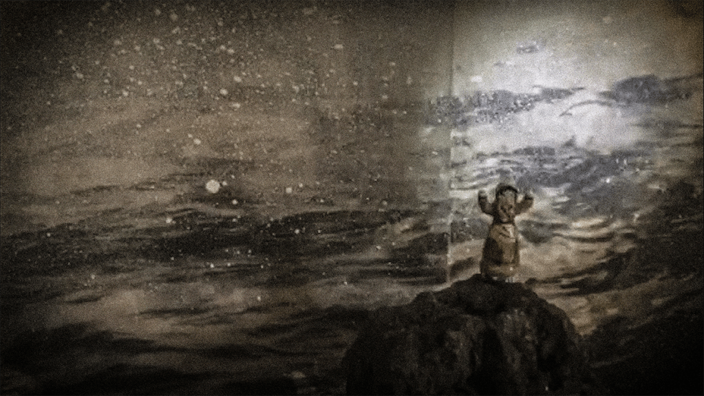 A small, figurine wearing a yellow raincoat stands on a rock with its arms raised, surrounded by a stormy sea and splashes of water, evoking a sense of desperation and survival.