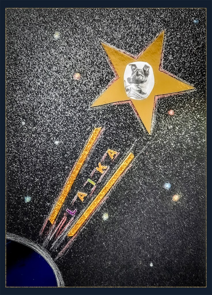 Artwork depicting a star with the name 'Laika' and an image of a dog, symbolizing Laika the dog sent into space, against a starry background.
