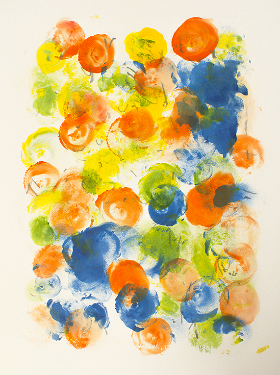 Abstract painting featuring vibrant colors in circular shapes, dominated by greens, blues, oranges, and yellows, creating a lively composition.