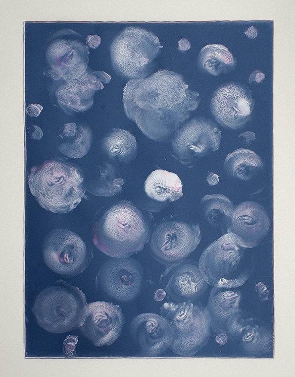 Abstract artwork featuring circular shapes in varying sizes and colors, set against a dark blue background.