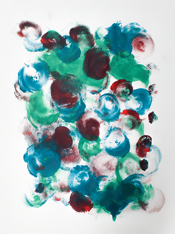 Abstract artwork featuring flowing circles and swirls in shades of green, blue, and red on a white background.