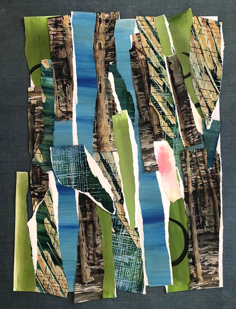 A collage artwork composed of various paper strips in shades of green, blue, and muted tones, arranged to form an abstract composition.
