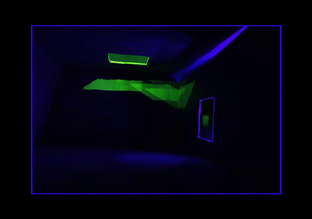 An abstract installation featuring vibrant green and purple light illuminating a dark space, creating a sense of depth and perception.