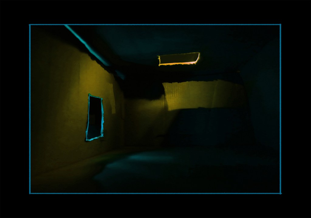 An artistically lit room showcasing vibrant colors and shadows created by light filtering through window openings, emphasizing depth and perception.