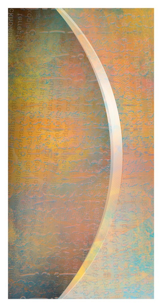 An abstract digital artwork featuring a gradient of warm colors, with a prominent curved white line and faint text textures in the background.