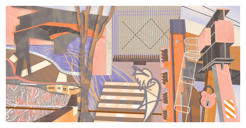 A colorful abstract digital artwork featuring geometric shapes, lines, and a stylized tree, blending shades of orange, pink, and blue.