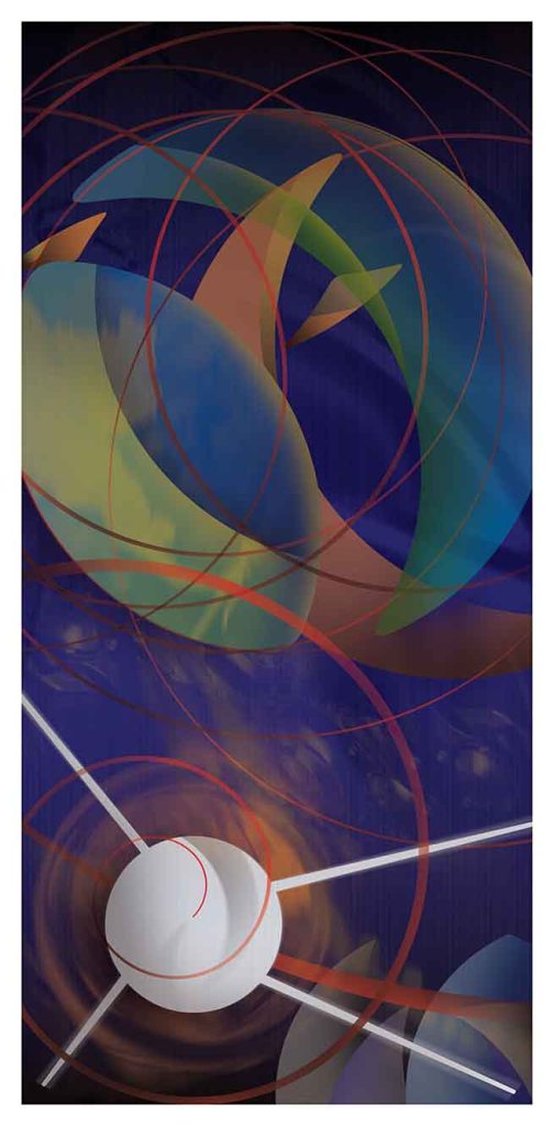 Abstract digital artwork depicting a stylized representation of Sputnik, surrounded by colorful, swirling shapes and lines against a dark background.