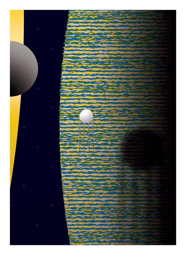 An artistic illustration depicting a white satellite in space, set against a colorful striped planetary surface with a dark background and another celestial body in view.