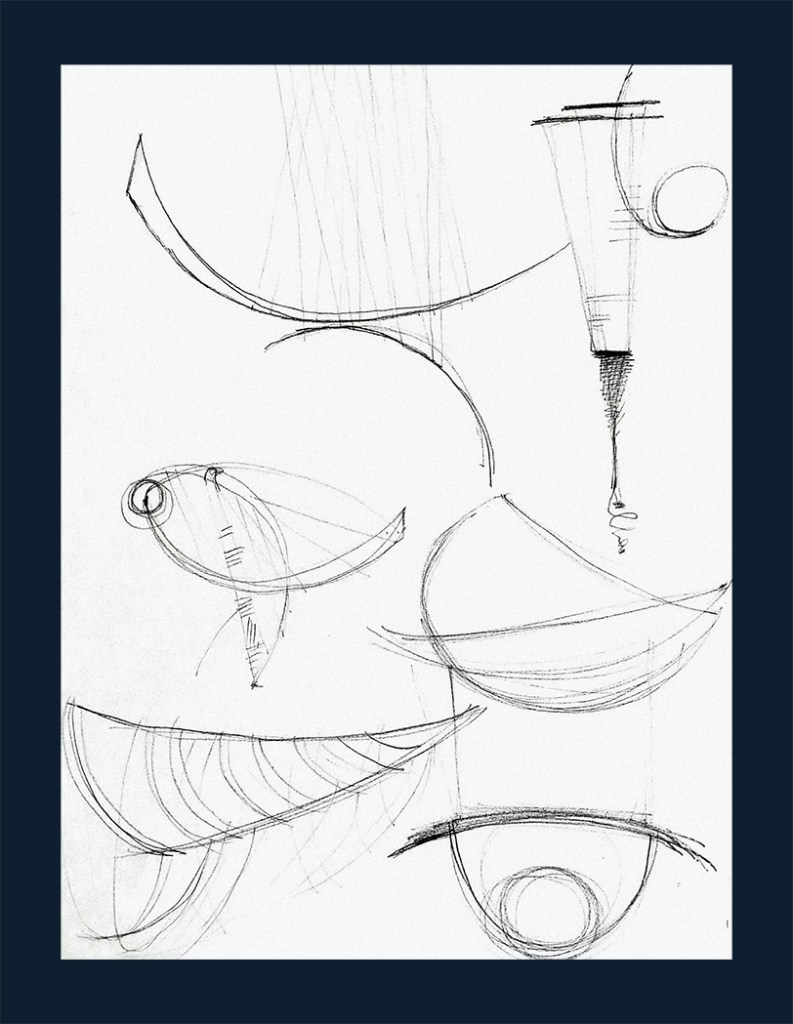 A collection of abstract pencil sketches featuring various curved and geometric shapes, resembling fish, eyes, and other forms, set against a dark blue background.