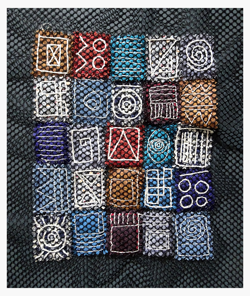 A grid of colorful fabric squares with various stitched patterns displayed on a textured black background.