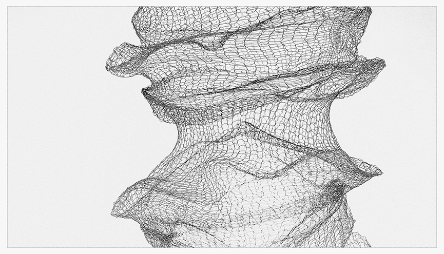 A black-and-white photograph of a delicate, layered structure made from fine copper mesh, showcasing intricate patterns and shadows.