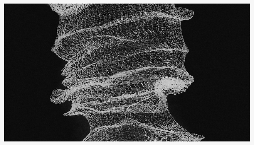 Black and white photograph of a twisted and curving piece of fine copper mesh against a dark background, highlighting its delicate and gossamer-like quality.