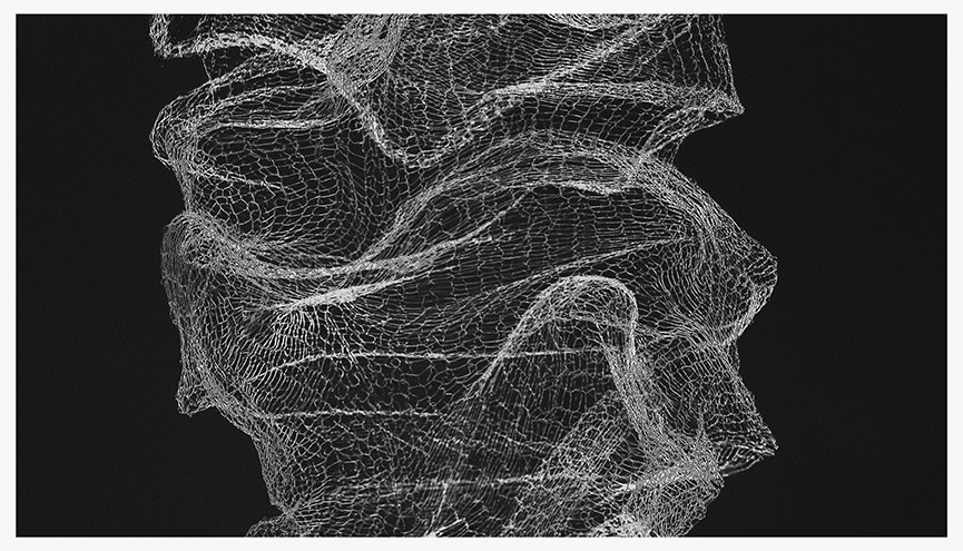 Black and white photograph of a delicate, wavy structure made from fine copper mesh, suspended and illuminated to create intricate shadows.