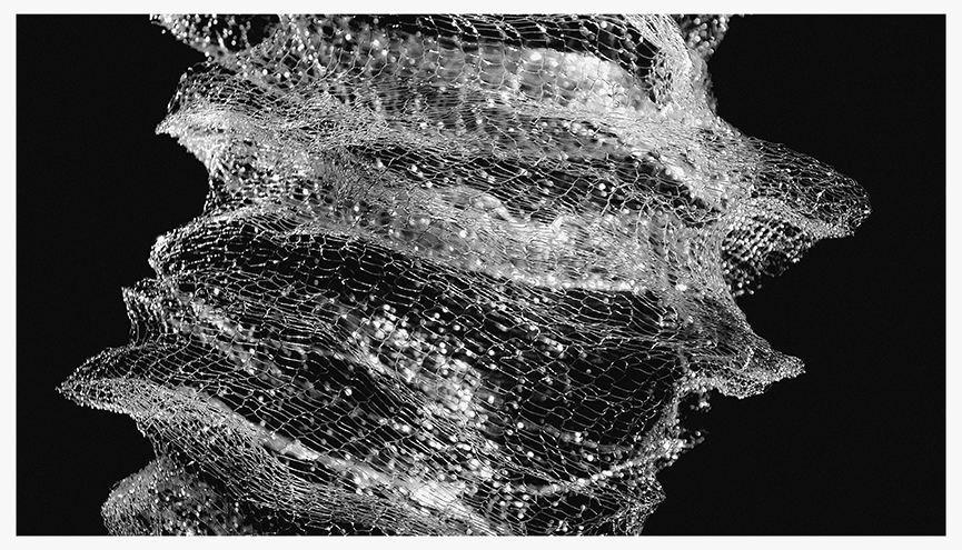 A close-up black and white photograph of delicate, wavy structures created from fine copper mesh against a dark background.