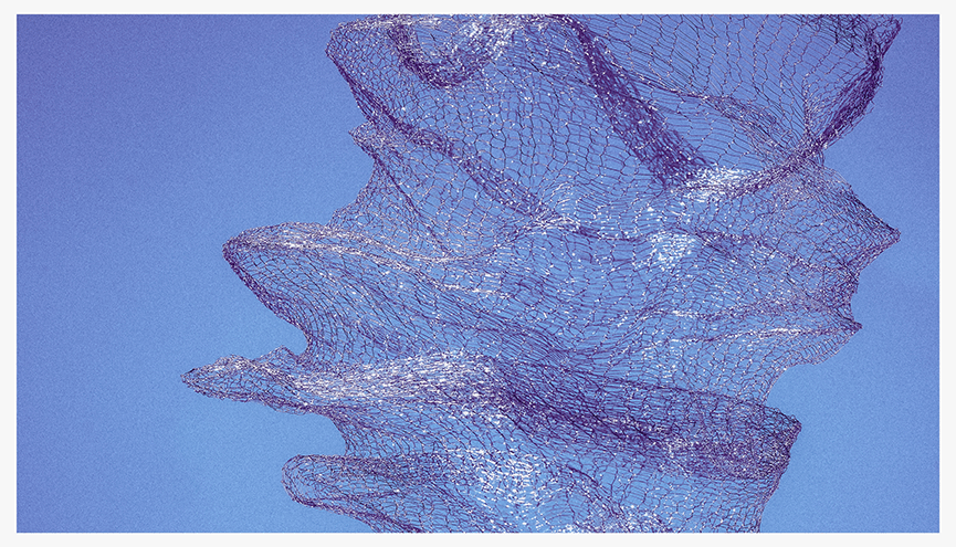 A photograph of a translucent purple mesh against a blue background, showcasing its delicate, flowing form.