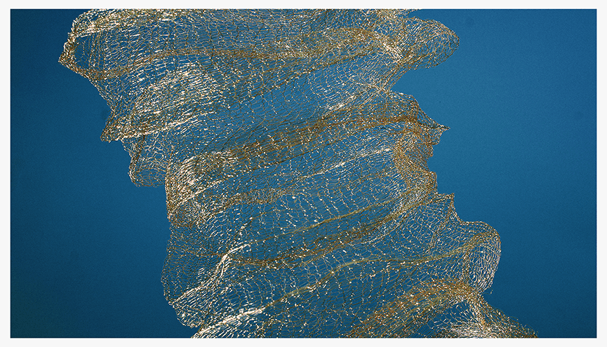 A close-up photograph of a delicate, wavy copper mesh against a blue background, showcasing its intricate textures and patterns.
