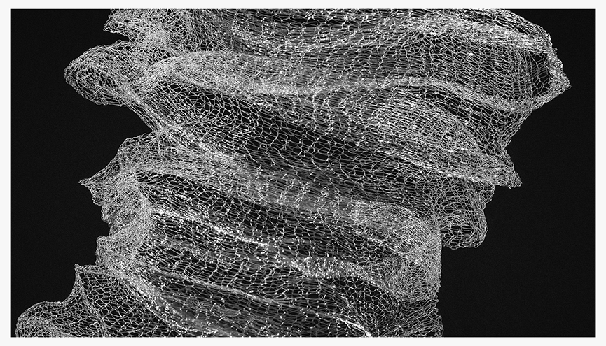 Abstract black and white photograph of a twisted copper mesh creating delicate, intricate patterns against a dark background.