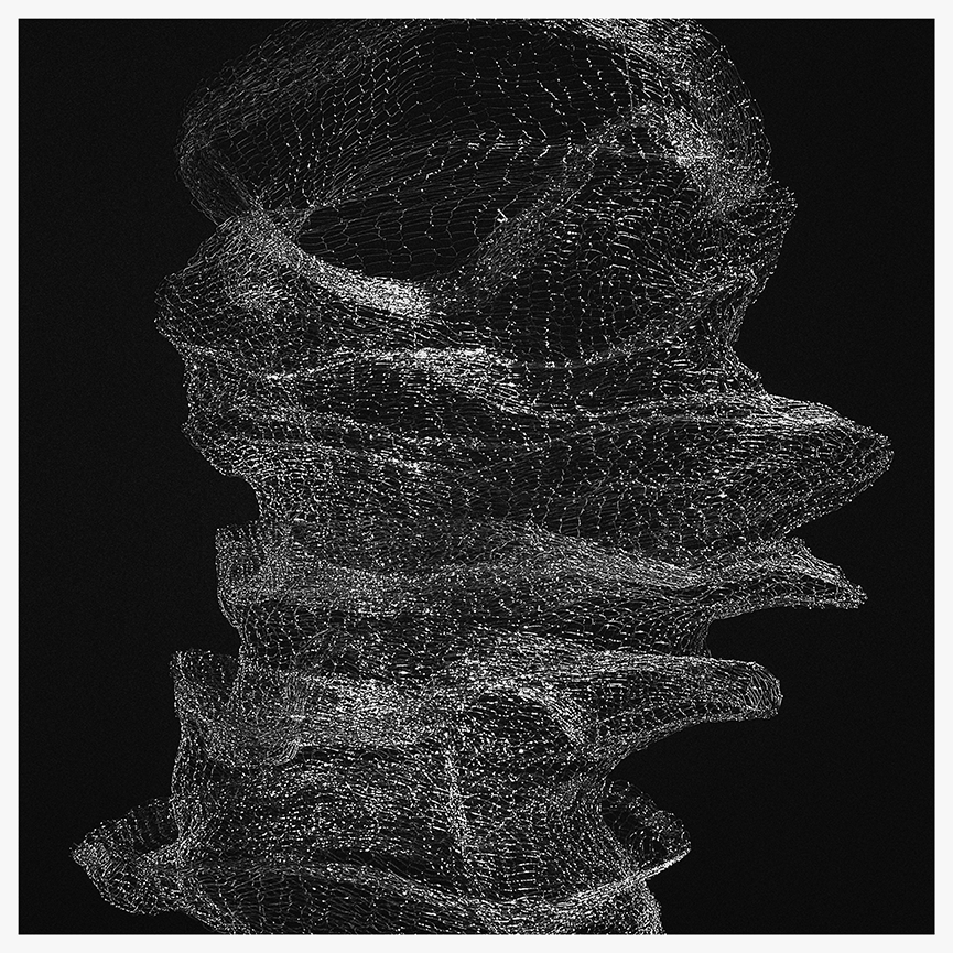 Black and white photograph of a delicate, wavy structure made of copper mesh, casting intricate shadows against a dark background.