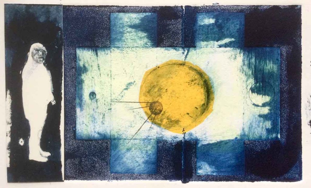 An artistic representation of a cosmic scene featuring a yellow orb, possibly resembling a satellite, amidst blue and dark textures, with a faint silhouette of a figure on the left.