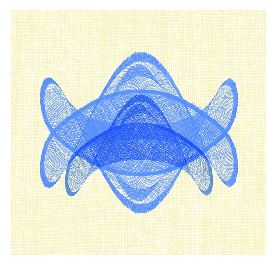 Abstract graphic featuring overlapping blue waves on a yellow textured background.