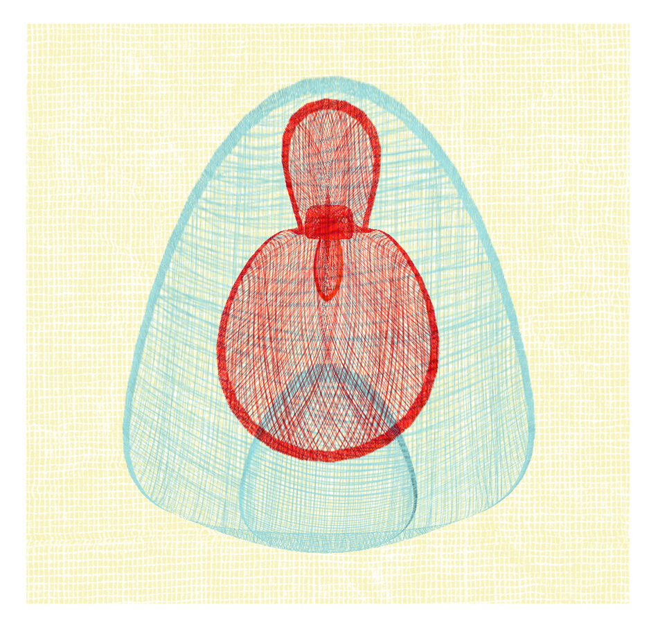 An artistic abstract illustration displaying a red and blue wireframe structure against a soft yellow textured background.
