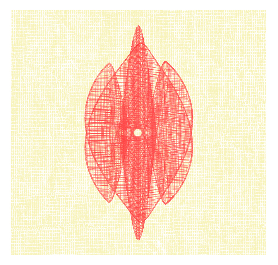 Abstract artwork featuring a red geometric pattern over a textured yellow background.