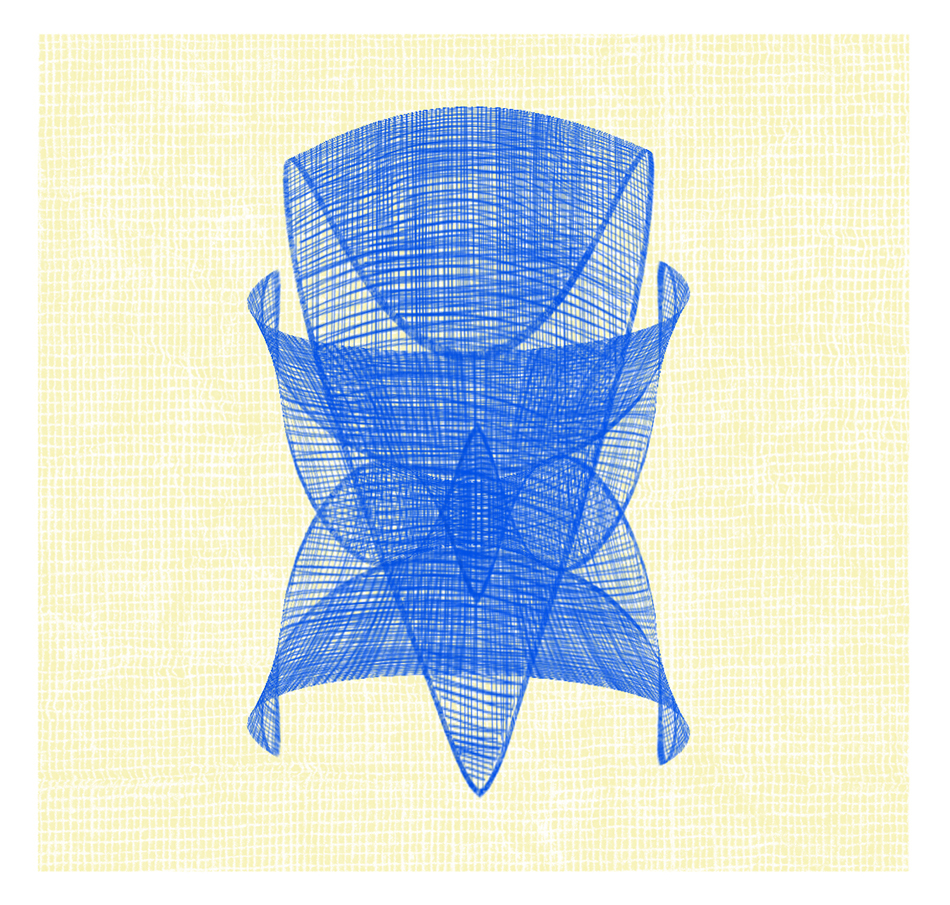 An abstract illustration featuring intricate blue geometric shapes layered over a pale yellow textured background.