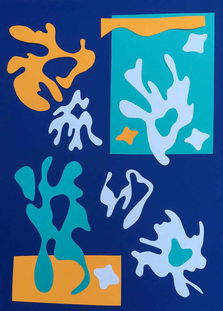 A vibrant, abstract collage featuring various organic shapes in colors such as orange, turquoise, and white, arranged against a deep blue background.